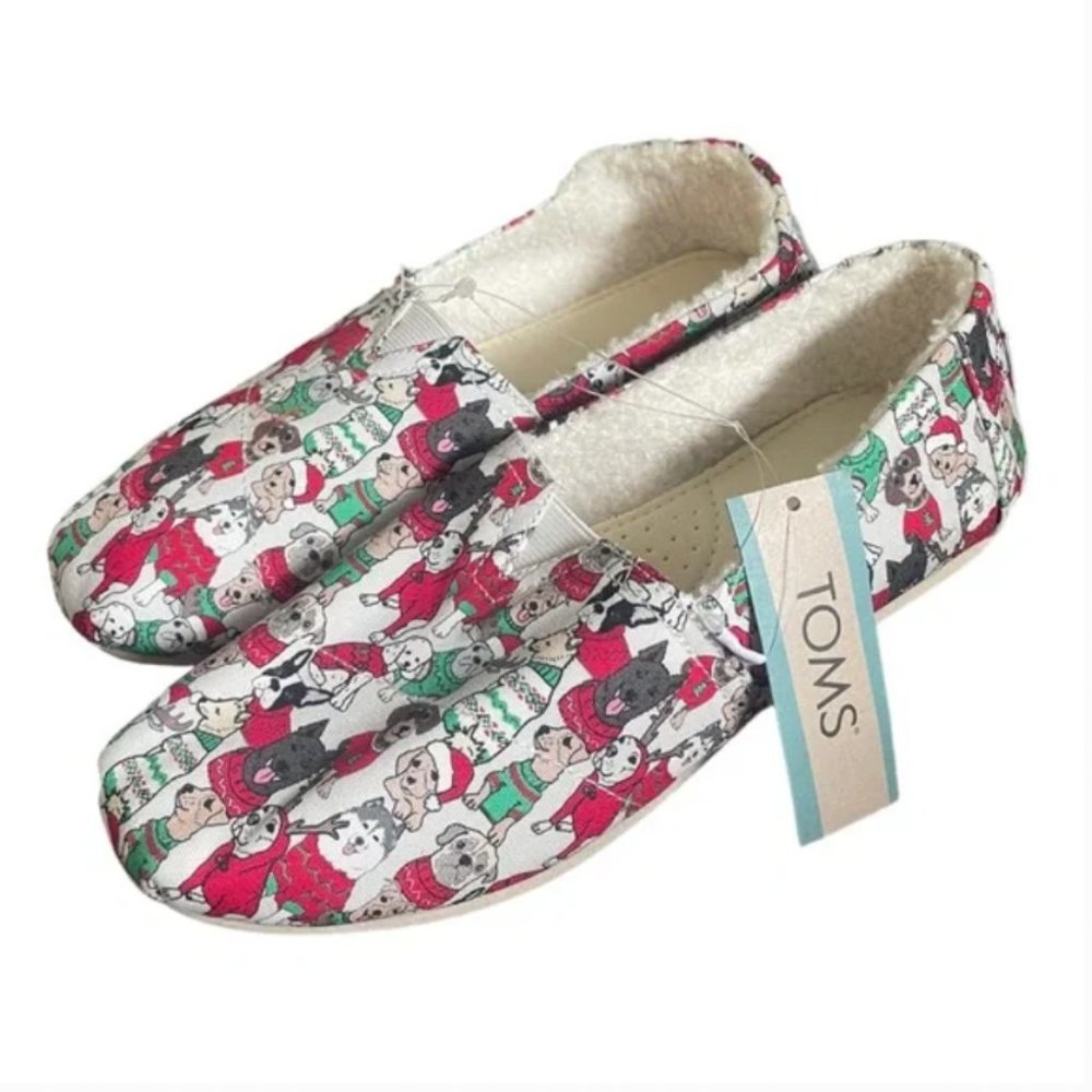 Toms Christmas Dogs Sweaters 6.5 Shoes‎ - Shearling Lined Holiday Slip On